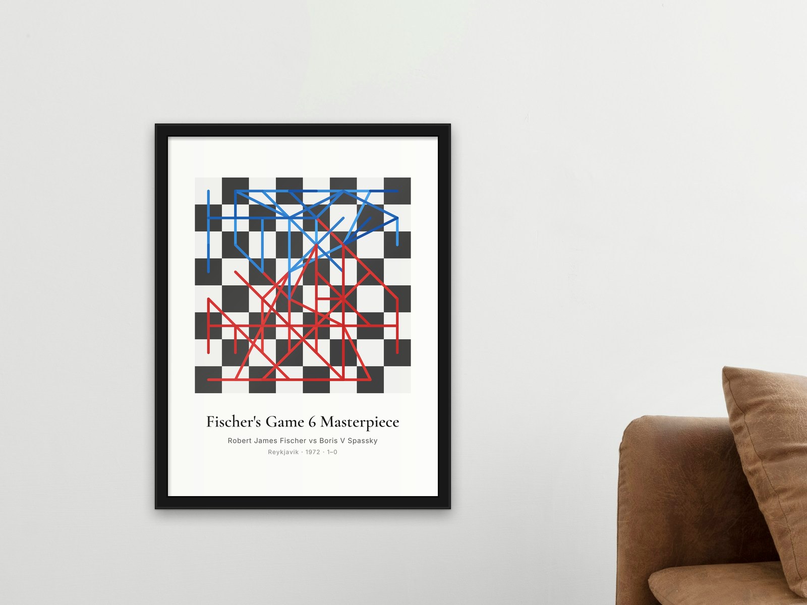 A framed print of a famous chess game on a living room wall