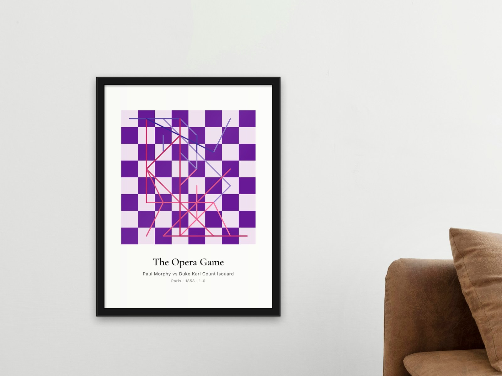 A framed chess game print in a bedroom